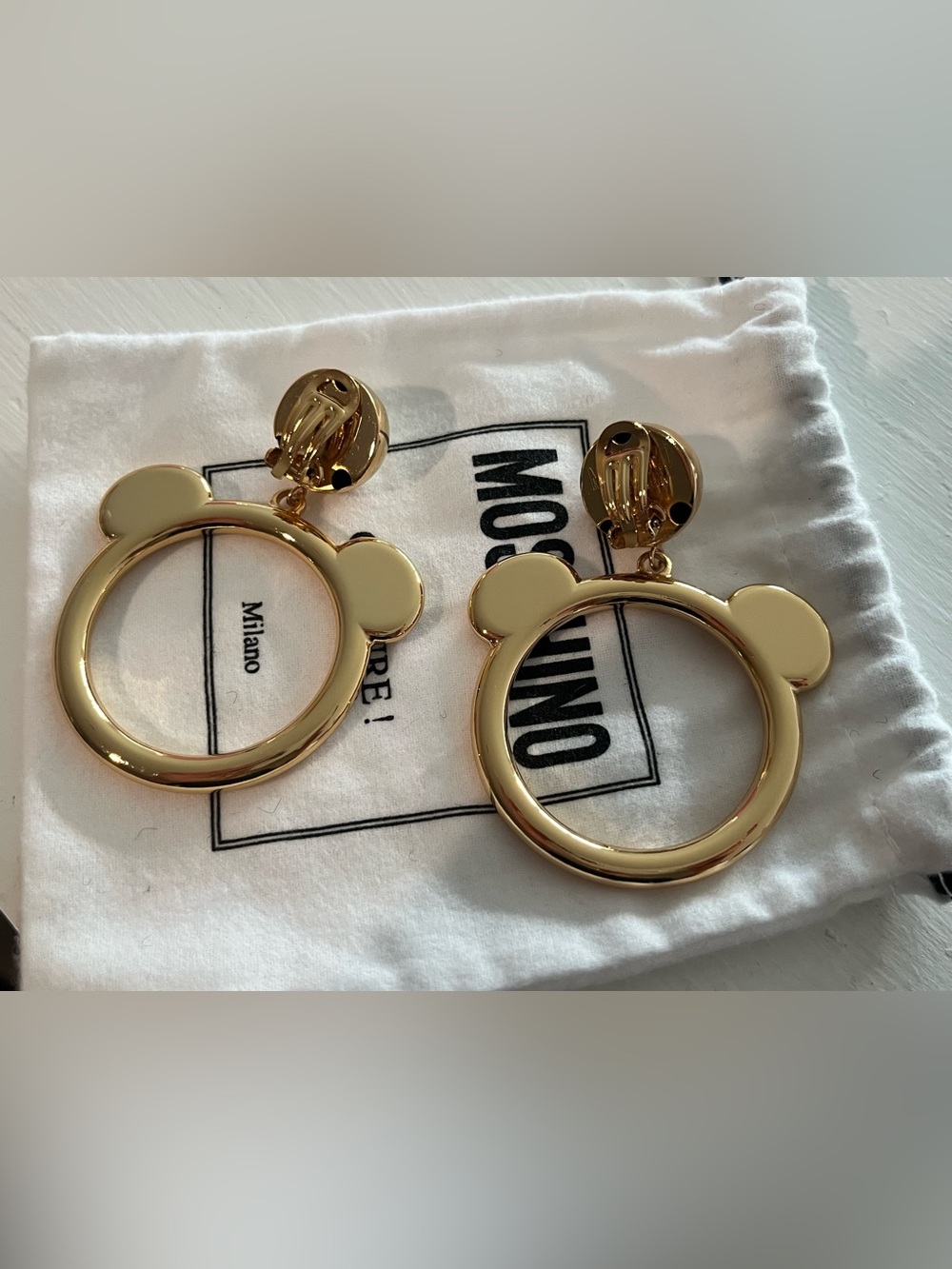 Moschino Gold Tone Bear Hoop Drop Earrings - Picture 3 of 6